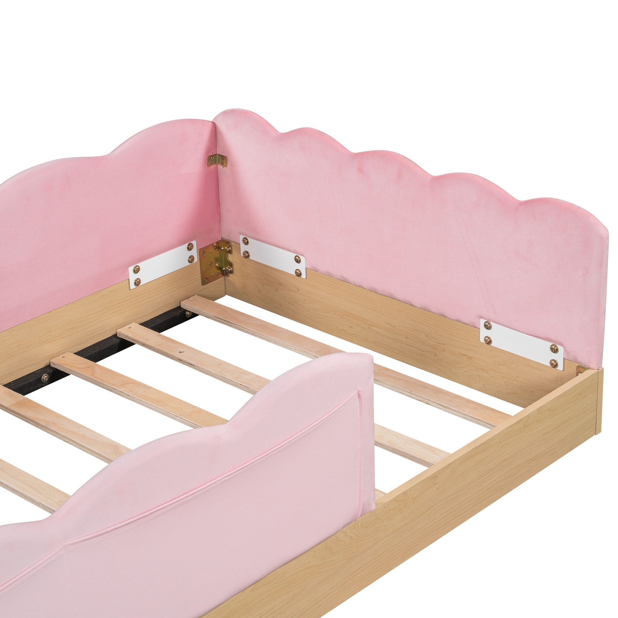 Euroco Upholstered Twin Size Platform Bed, Cartoon Floor Bed with Pillows and Storage Bags, Pink