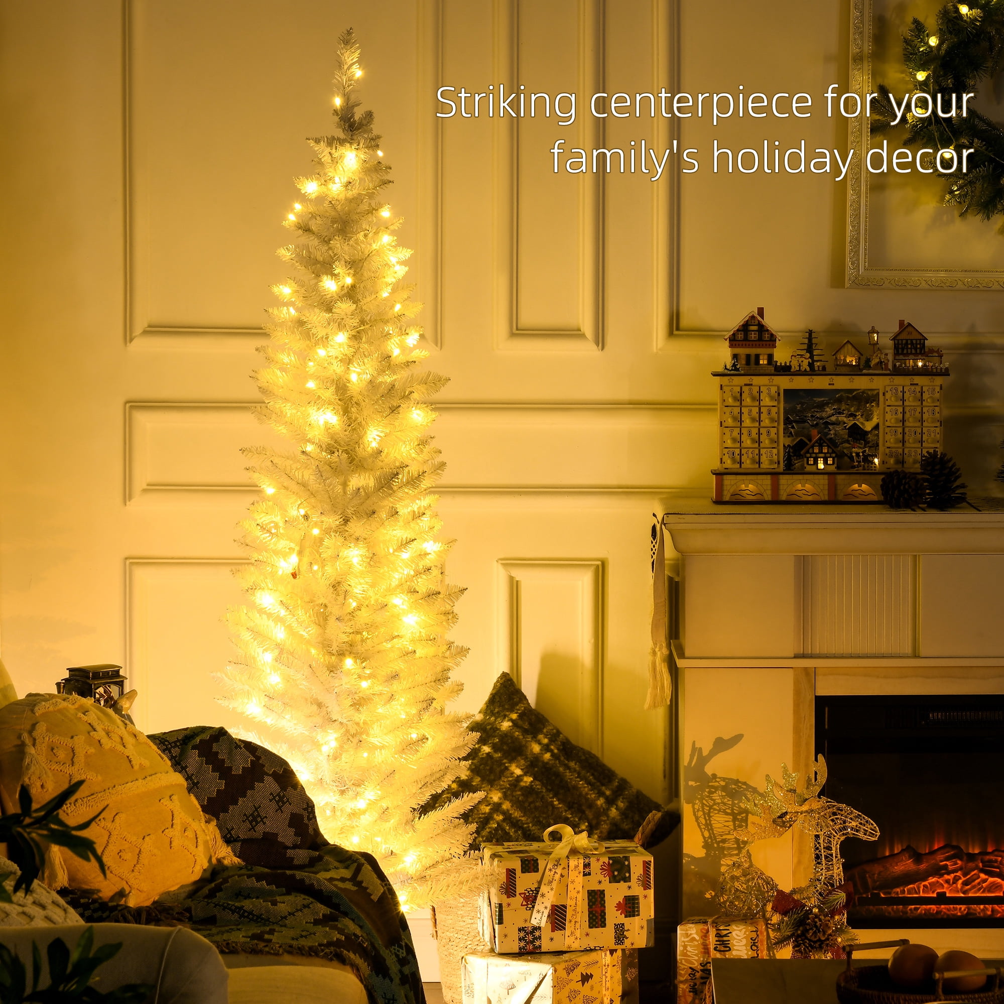 6FT White Slim Pencil Artificial Christmas Tree, 390 Tips 200 Warm White LEDs, Section Design, Flame Retardant Sturdy Base, Indoor Holiday Decor