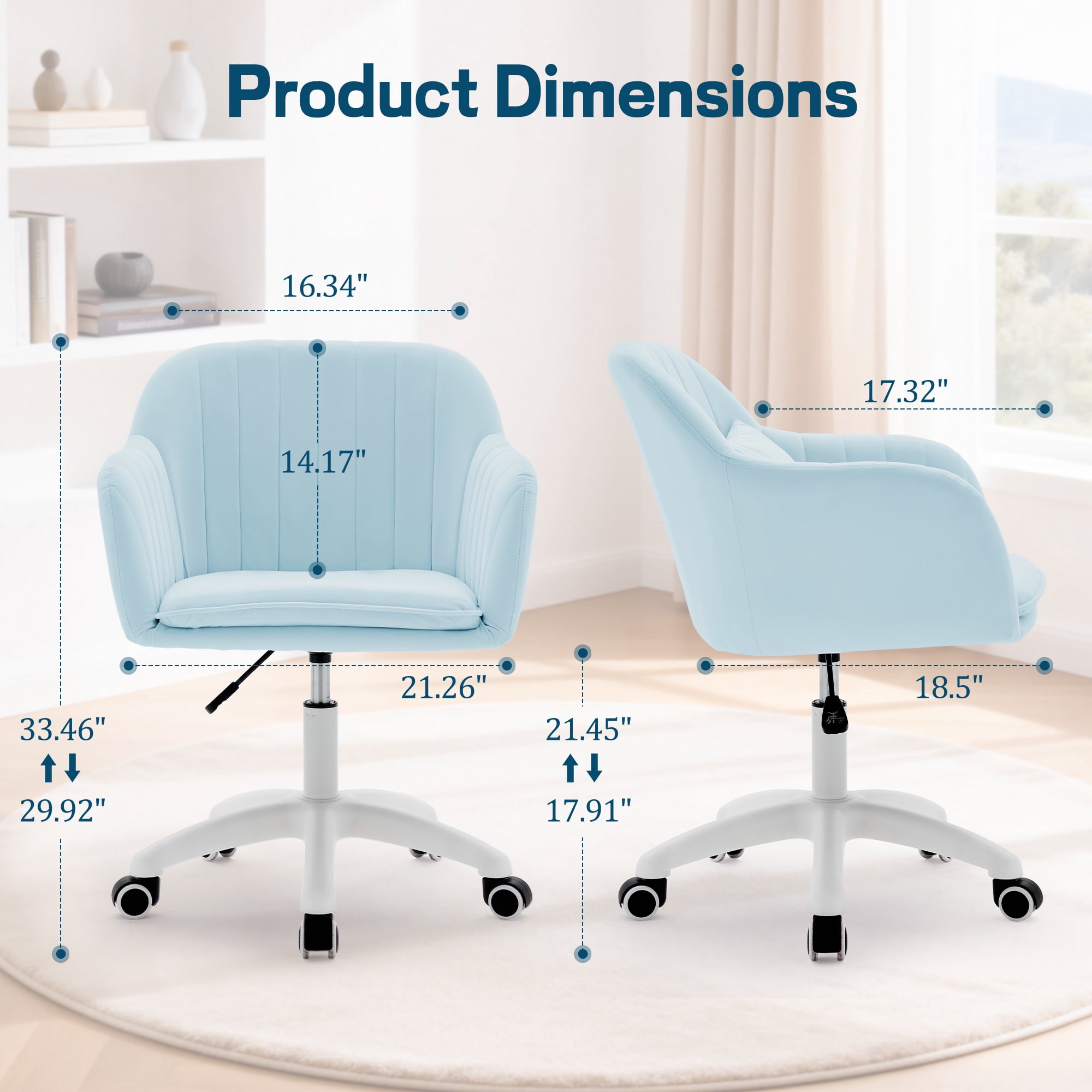 Korser Adjustable High Vanity Chair with Pillow Velvet Swivel Desk Chair with Wheels,Space-Saving Makeup Computer Chair,Home Office Desk Chair,Blue