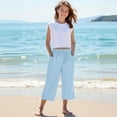 thumbnail image 2 of ZACPNCV Teen Girls Capris Pants Summer Loose Comfy Cotton Linen Straight Wide Leg Drawstring Elastic Waist Solid Cropped Pant Blue 10-11 Years, 2 of 8