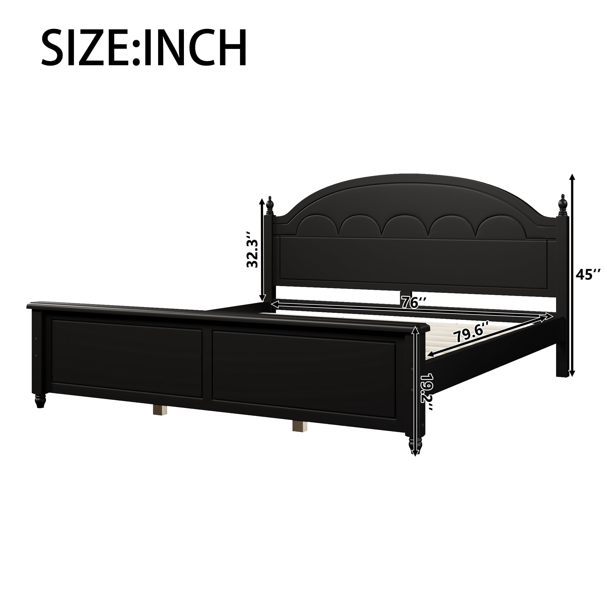 Alvantor King Bed Frame, Wooden Bed with Arched Headboard Classic Design, Black