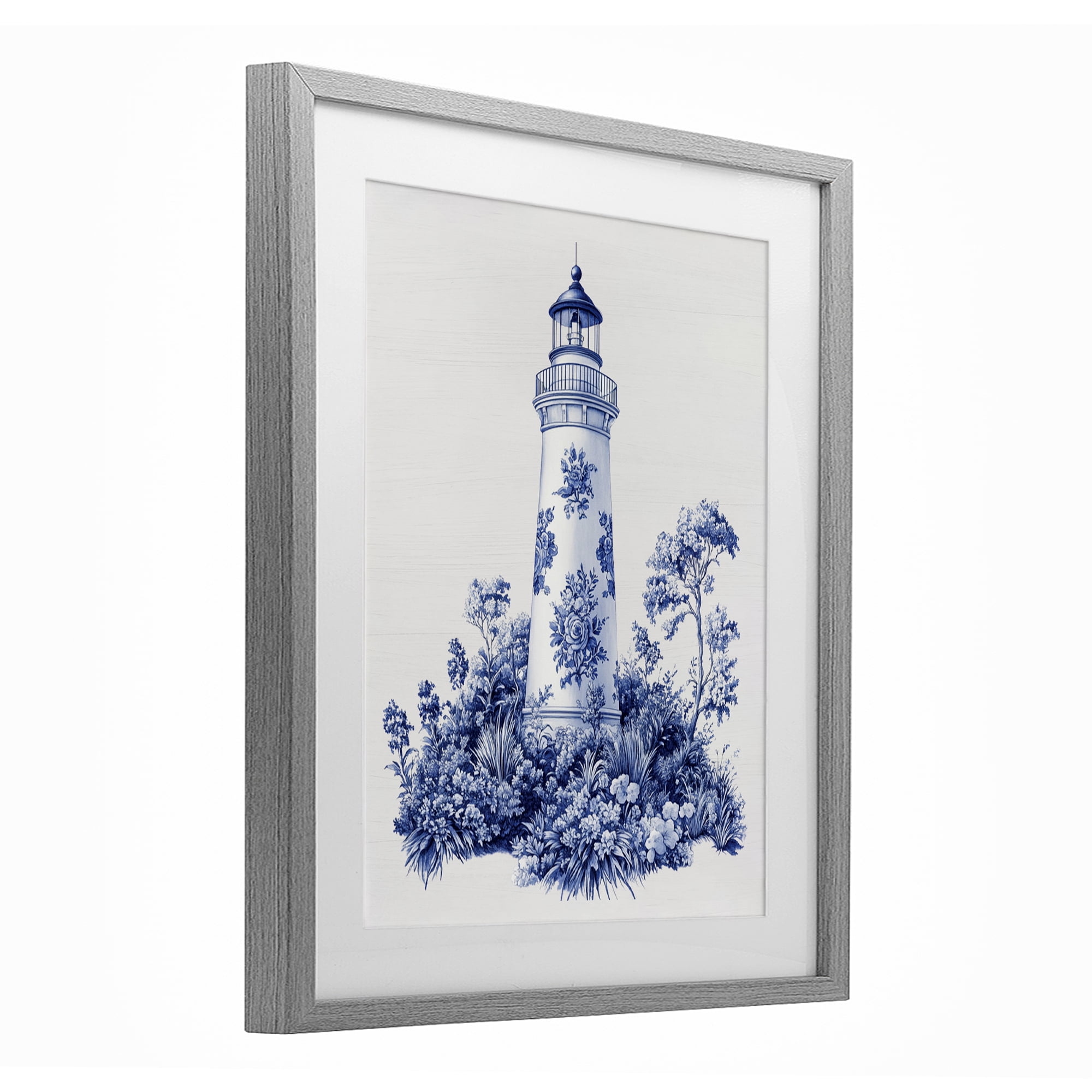 Toile Patterned Lighthouse Gray Framed Print Under Glass, design by Lettered and Lined