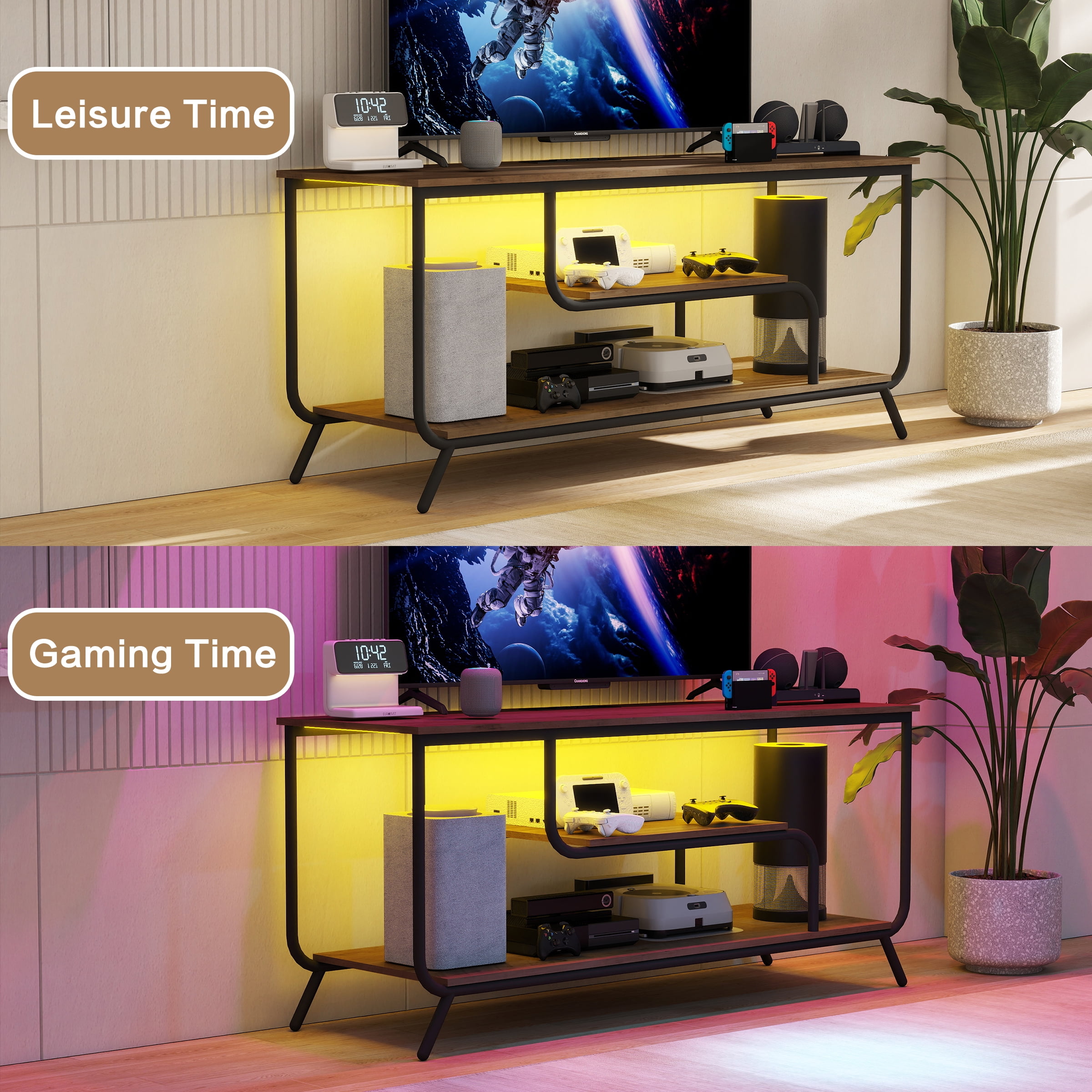 TV Stand, Media Console, Entertainment Center With Power Outlets USB Ports LED Light Strips For Living Room Bedroom TV Up To 55 Inch, Light Gray Modern Stand