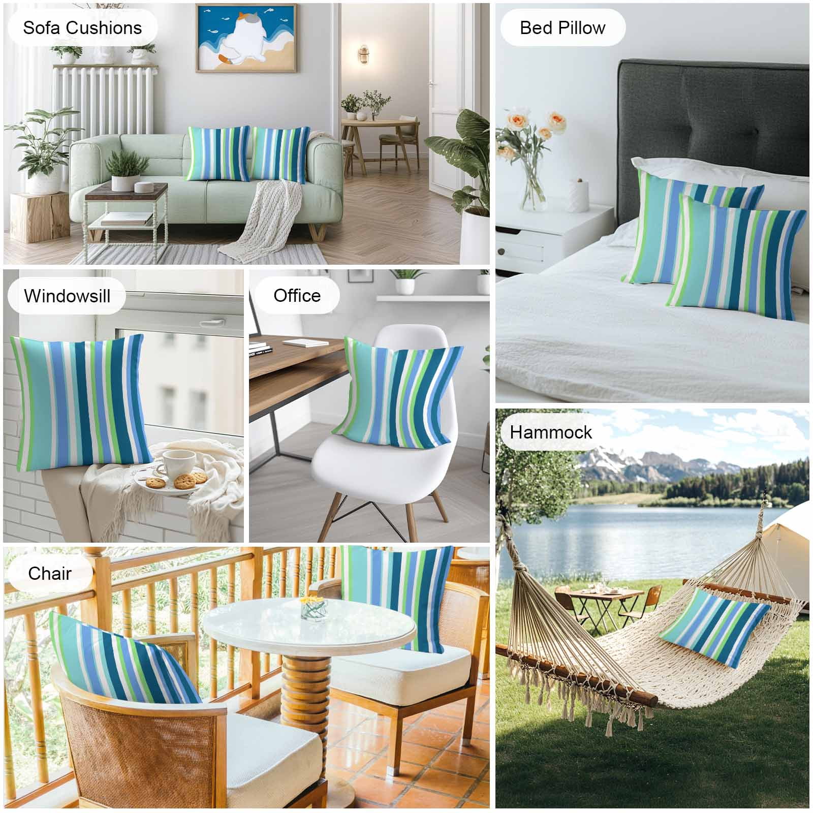 Blue Green Stripes Outdoor Pillow Covers Set of 2 White Striped Colorful Summer Texture Waterproof Throw Pillow Case Decorative Square Cushion Cover for Patio Couch Garden Balcony, 16"x16"