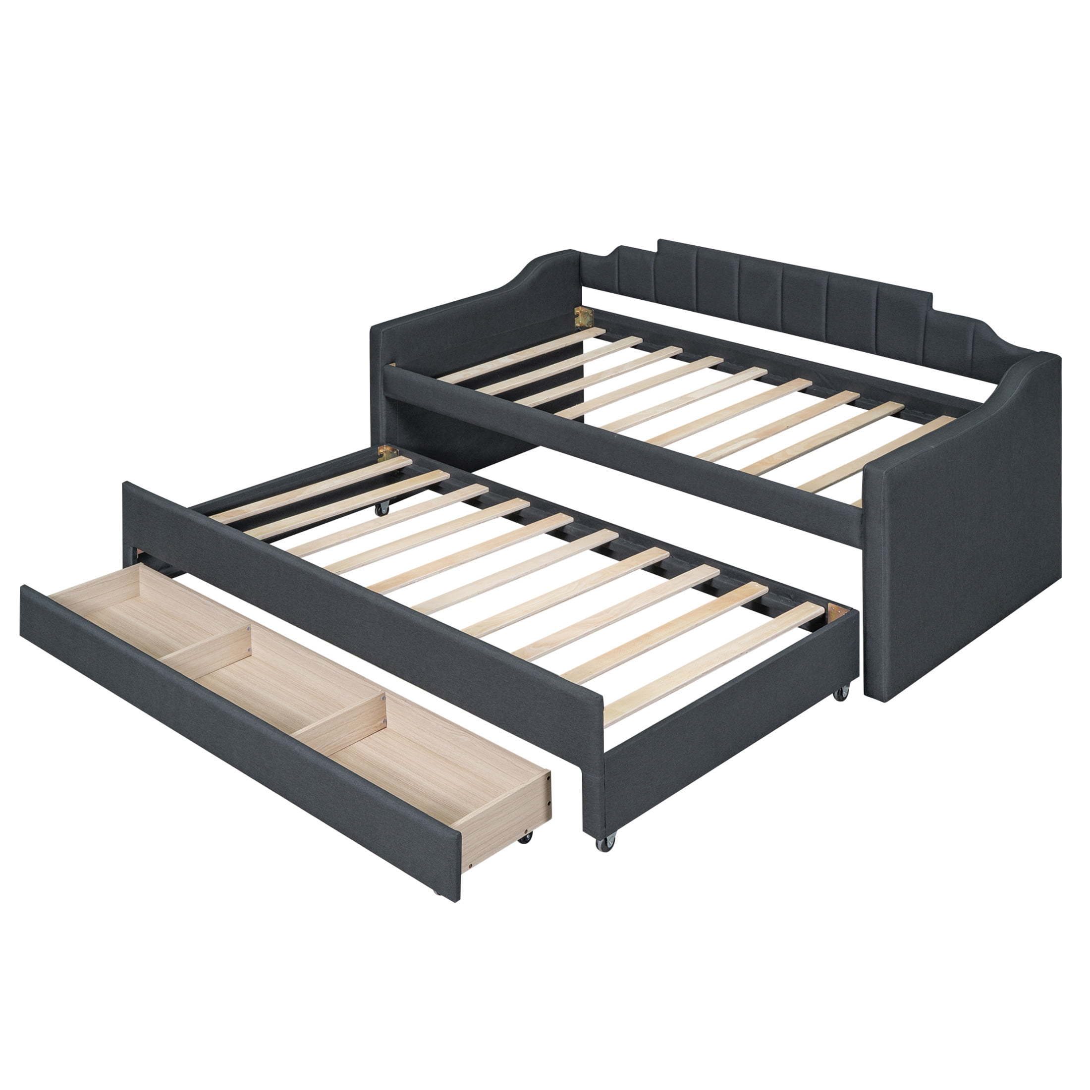 Noble House Norwick Twin Linen-Blend Upholstered Daybed with Trundle and Storage Drawers, Gray