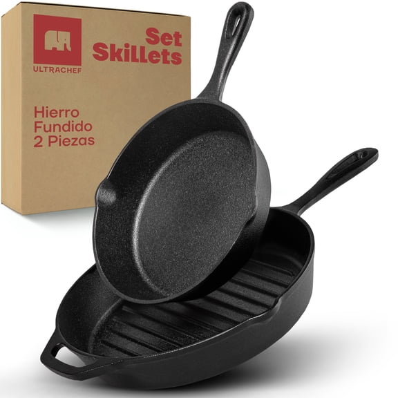 Set de Sartén y Sartén Grill de Hierro Fundido Ultrachef, 2 Piezas, 20 cm / 25 cm