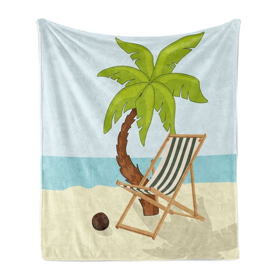 Beach Soft Flannel Fleece Throw Blanket, Cartoon Style Drawing Palm Tree Coconut and Sunbed on Sand Summer Season Pattern, Cozy Plush for Indoor and Outdoor Use, 60" x 80", Multicolor, by Ambesonne