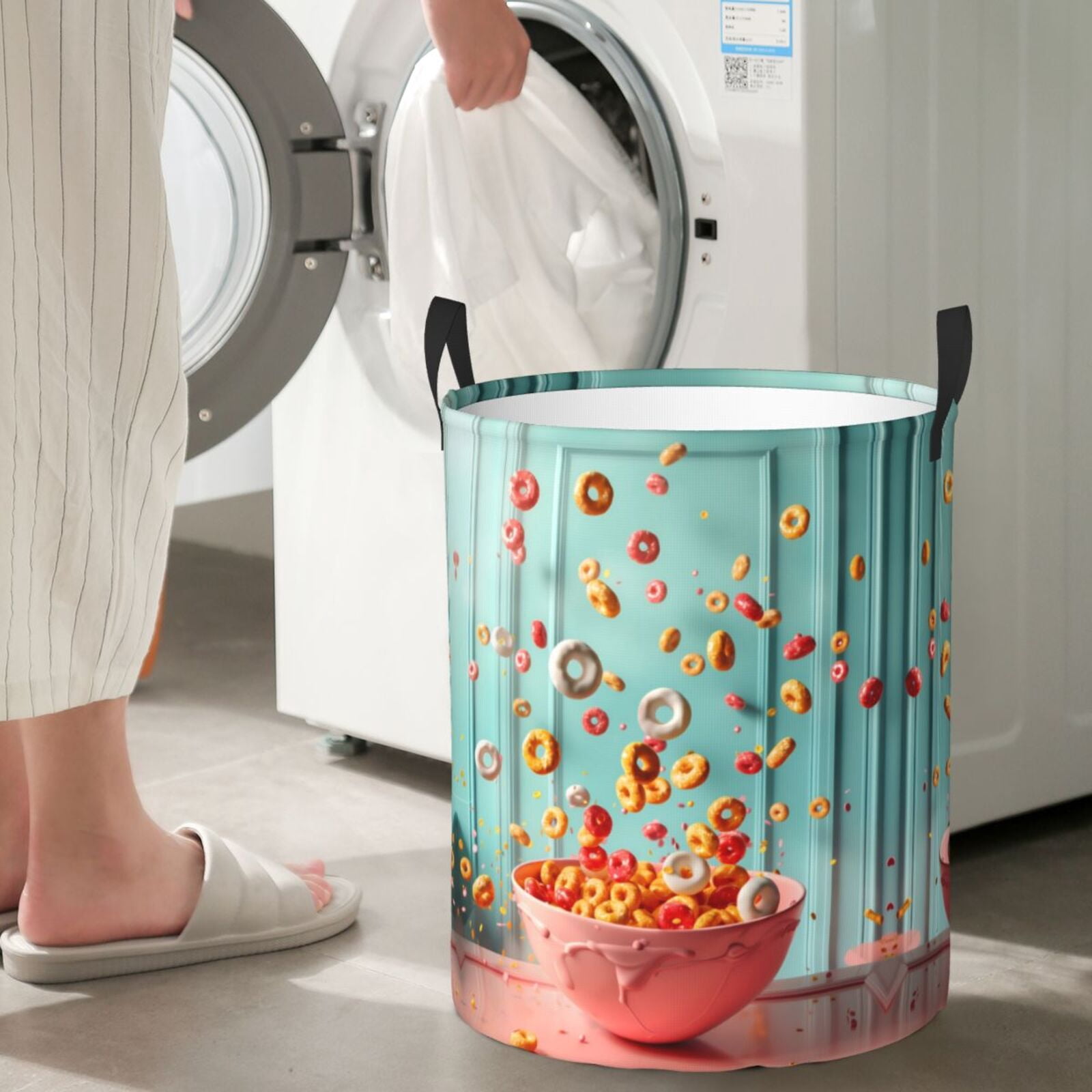 Large Laundry Basket with Handles - Floating Colorful Cereal Kids Baby Dirty Clothes Laundry Hamper for Bedroom Aesthetic