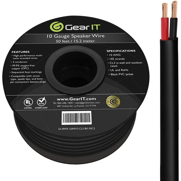 10 AWG Speaker Wire CL3 Rated, GearIT Pro Series 10 Gauge (50 Feet / 15.24  Meters/Black) OFC Oxygen Free Copper UL CL3 