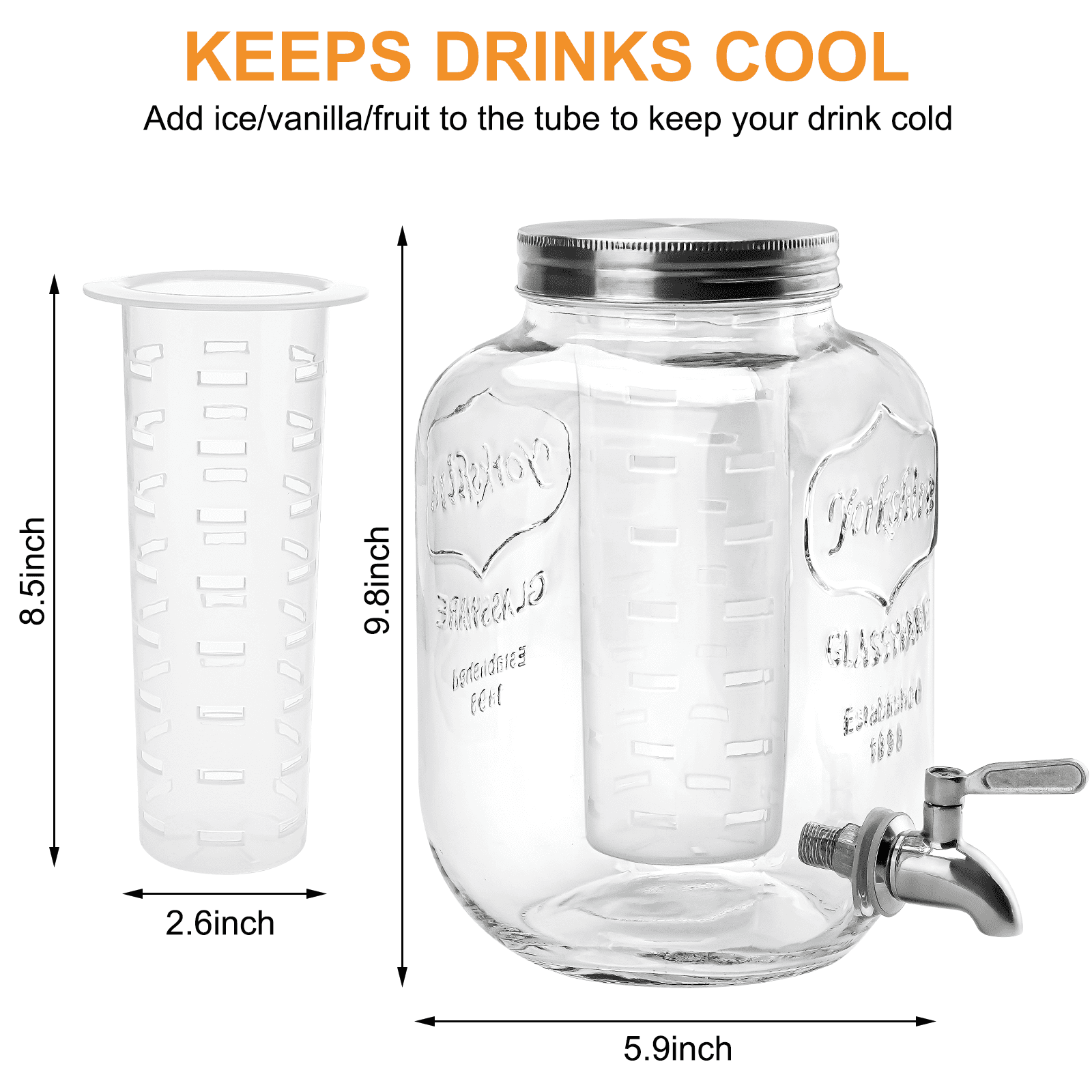 Glass Drink Dispenser for Fridge ，1 Gallon Water Laundry Detergent, Juice or Beverage Dispenser for Parties with Spigot