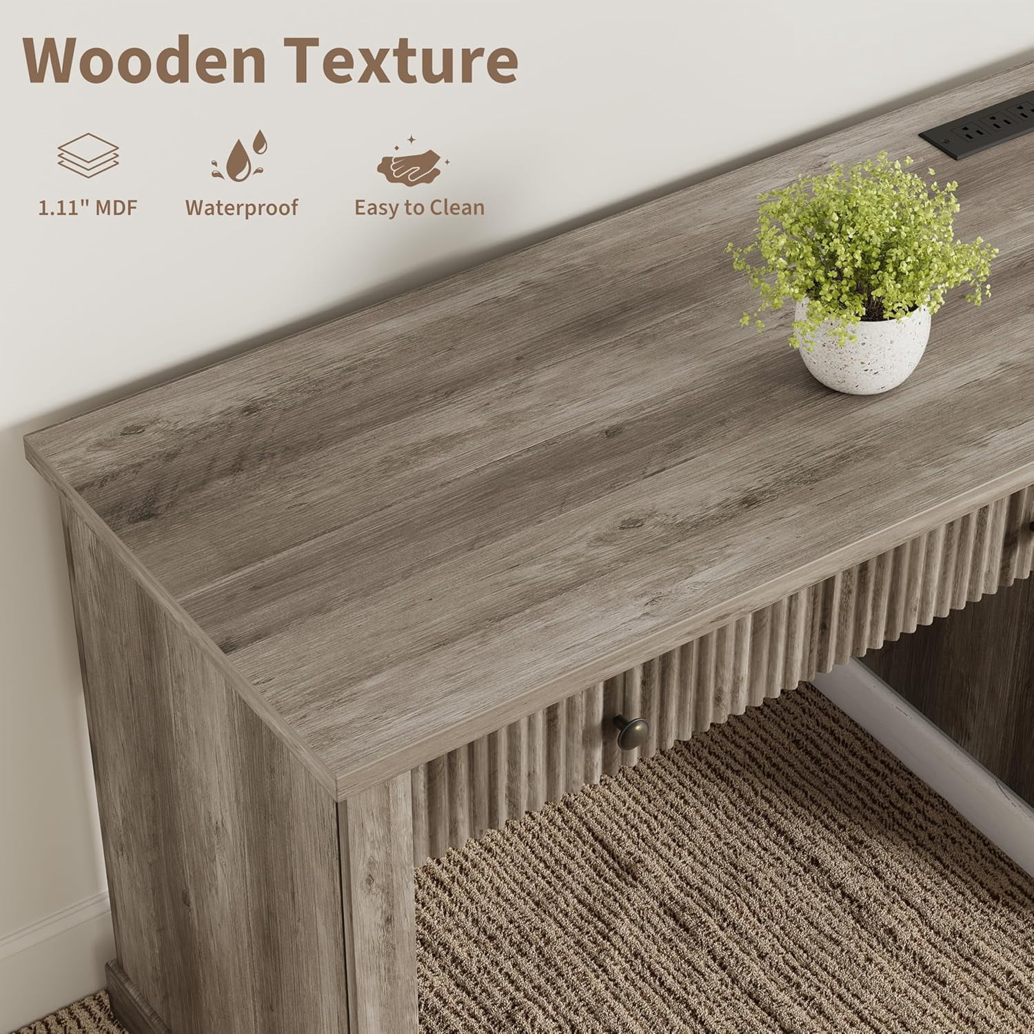 54" Fluted Home Office Desk with Storage, Modern Executive Desk with Charging Station, Wooden Computer Desk with Drawers for Storage File, Writing Desk for Study, Living Room, Bedroom