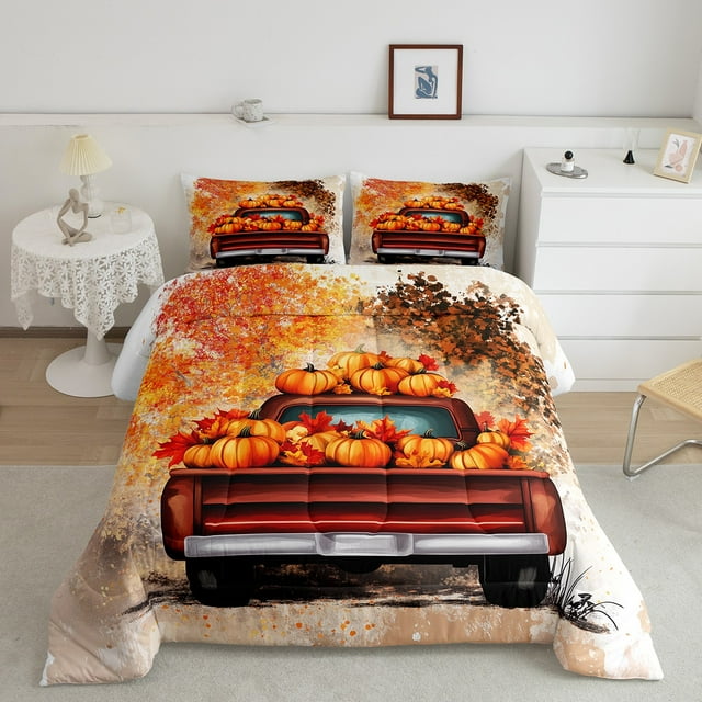 Erosebridal Ensembles de Literie Camion Rustique Simple avec Couette, Ensembles de Couette Citrouille d'Automne Taille Simple, Couette Réversible d'Automne, Décoration de Chambre Super Douillette, 2 Pcs