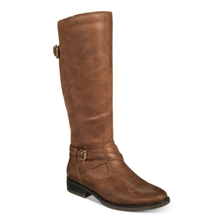 

BARETRAPS Womens Brown Crisscross Buckle Straps Elastic Panel Buckle Accent Alysha Round Toe Block Heel Zip-Up Riding Boot 7 M