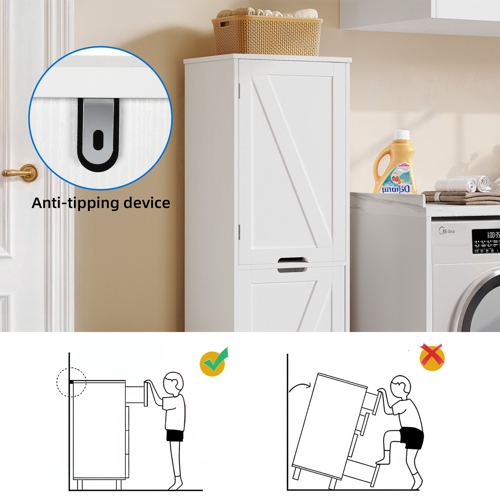 Dextrus 53" Tilt Out Laundry Hamper Cabinet, Laundry Hamper with Adjustable Shelf and Storage Basket, White