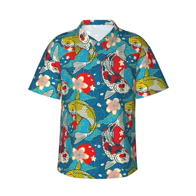 Fotbe Japanese Koi Camisa Hawaiana para Hombre Unisex – Camisa Casual de Verano con Botones de Manga Corta de Algodón y Lino,Large