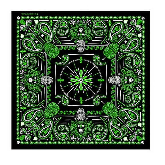Hot Leathers Signature Bikers Bandanas Collection Original Design, 21" x 21" - BANDANA MENS GREEN PAISLEY SKULL