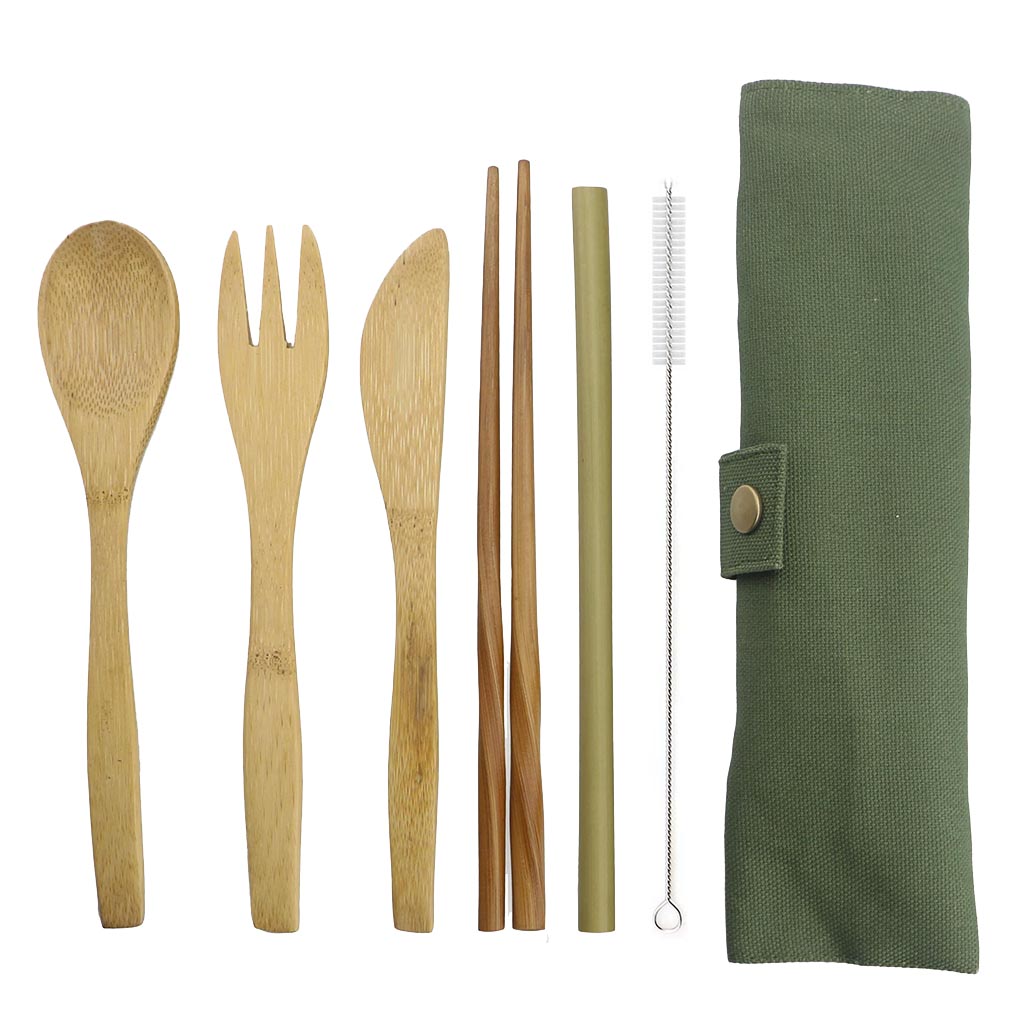 Wooden Dinnerware Chopstick Spoon Fork Cutter Straw Set Travel