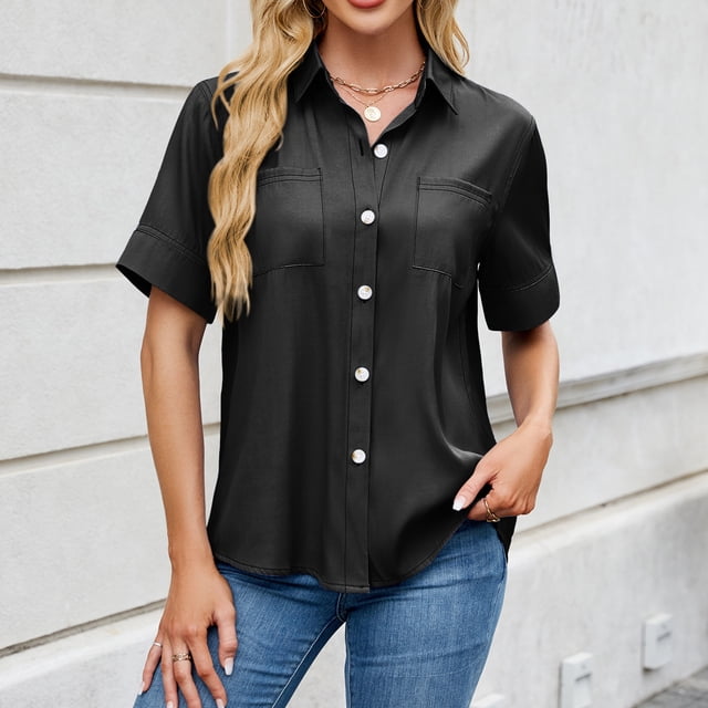 asjyhkr Womens Button down Shirts Short Sleeve Summer Causal Business Work Tops with Pockets Lightweight Comfy Soft Tees
