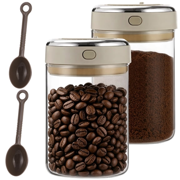 2 Pack 37.2 fl oz Airtight Glass Coffee Canisters with One-Way Valve, Vacuum Seal Food Storage Container for Coffee Beans, Tea, Milk Powder, Warm Grey White, 6.3 x 4.41 x 4.49 in