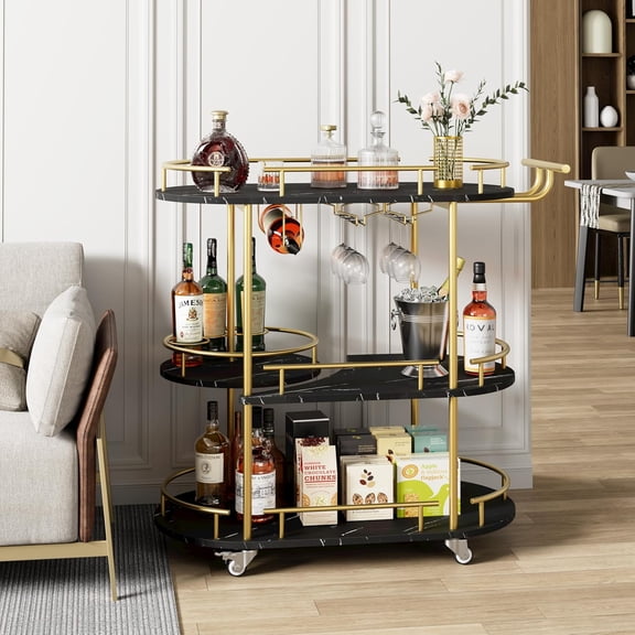 Bar Serving Cart with 3-Tier Storage Shelves, Mobile Bar Seving Carts on Wheels with Wine Rack, Glass Holder, Gold and Black