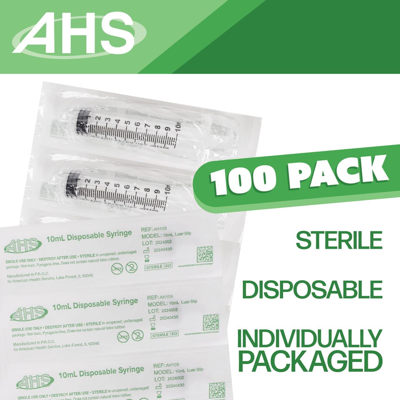 10mL Luer Slip Syringe (100 Pack), Sterile, Individually Wrapped, Syringes for Liquid, Scientific Labs, Feeding Syringes for Pets, Measurement, Medicine, Dispensing, & Oral, Clear