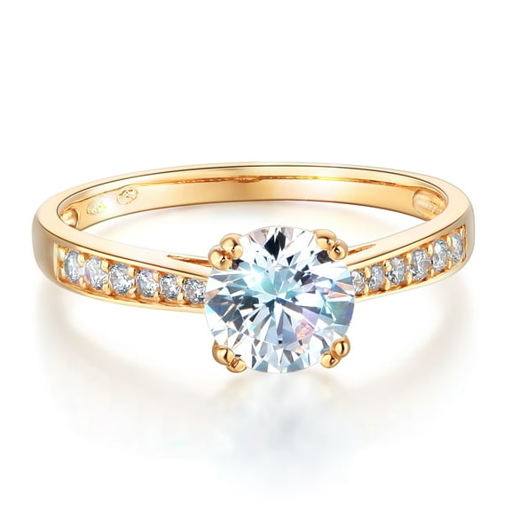 Wellingsale Ladies Solid 14k Yellow Gold Polished CZ Cubic Zirconia Round Cut Engagement Ring with Side Stones - Size 4