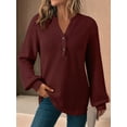 thumbnail image 6 of Women'S V Neck Waffle Knit Henley Tops Casual Long Sleeve Pullover Sweater Blouses Dark Red S, 6 of 7