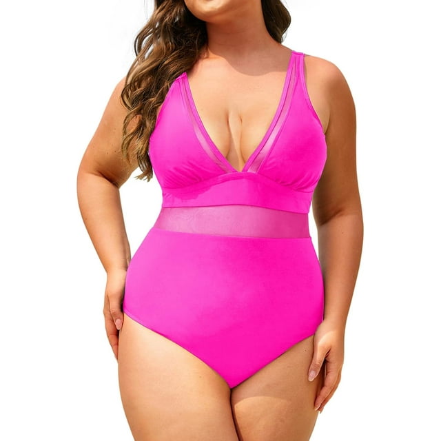 GHSDFBB Women Plus Size One Piece Swimsuits V Neck Tummy Control Bathing Suits Retro Ruched Swimwear