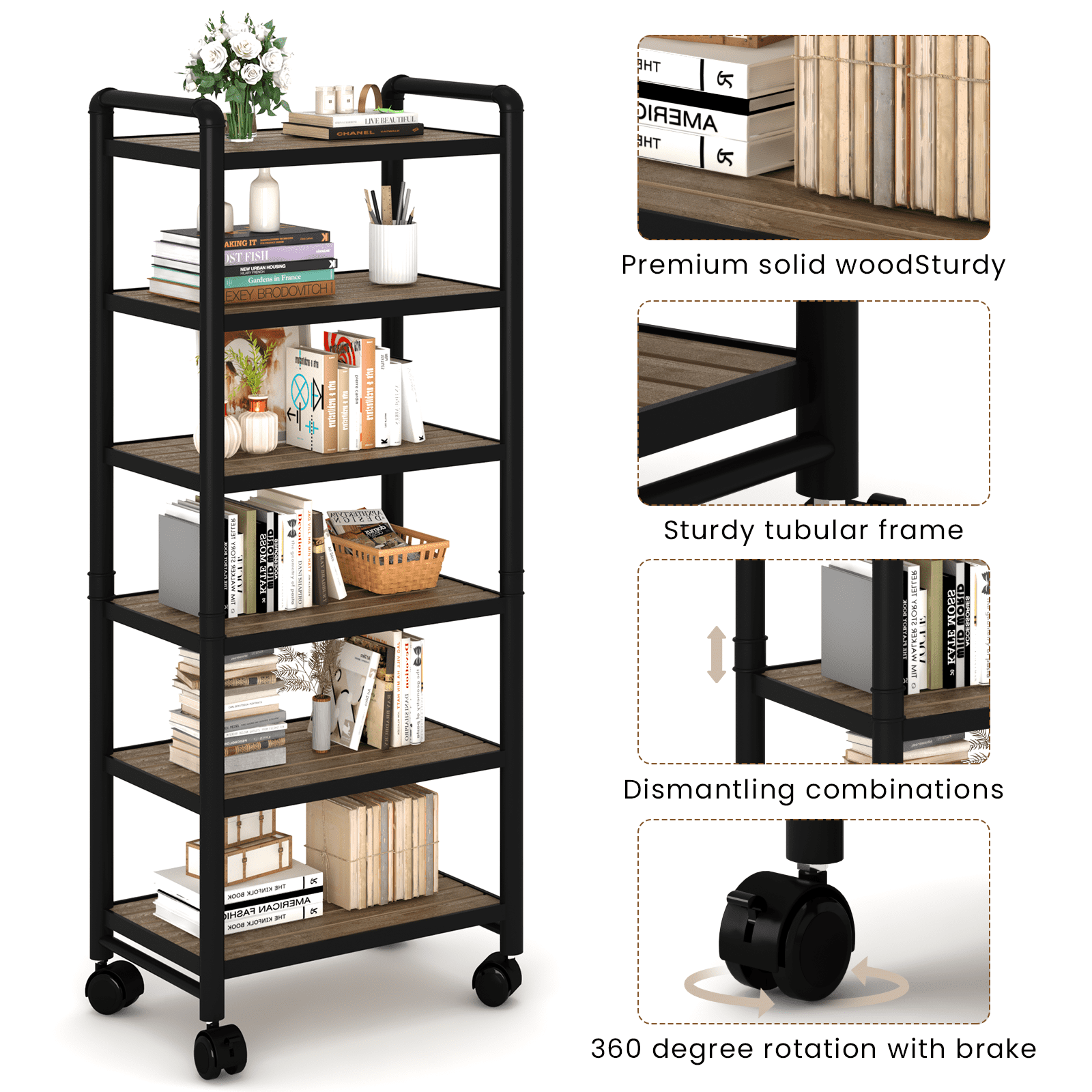 Baxluxe Adjustable 6-Tier Storage Shelves with Wheels, Narrow Tall Bathroom Shelves, Metal Frame Organizer Shelf with Wood Shelves for Kitchen, Garage, 12"Lx16"Wx63" H