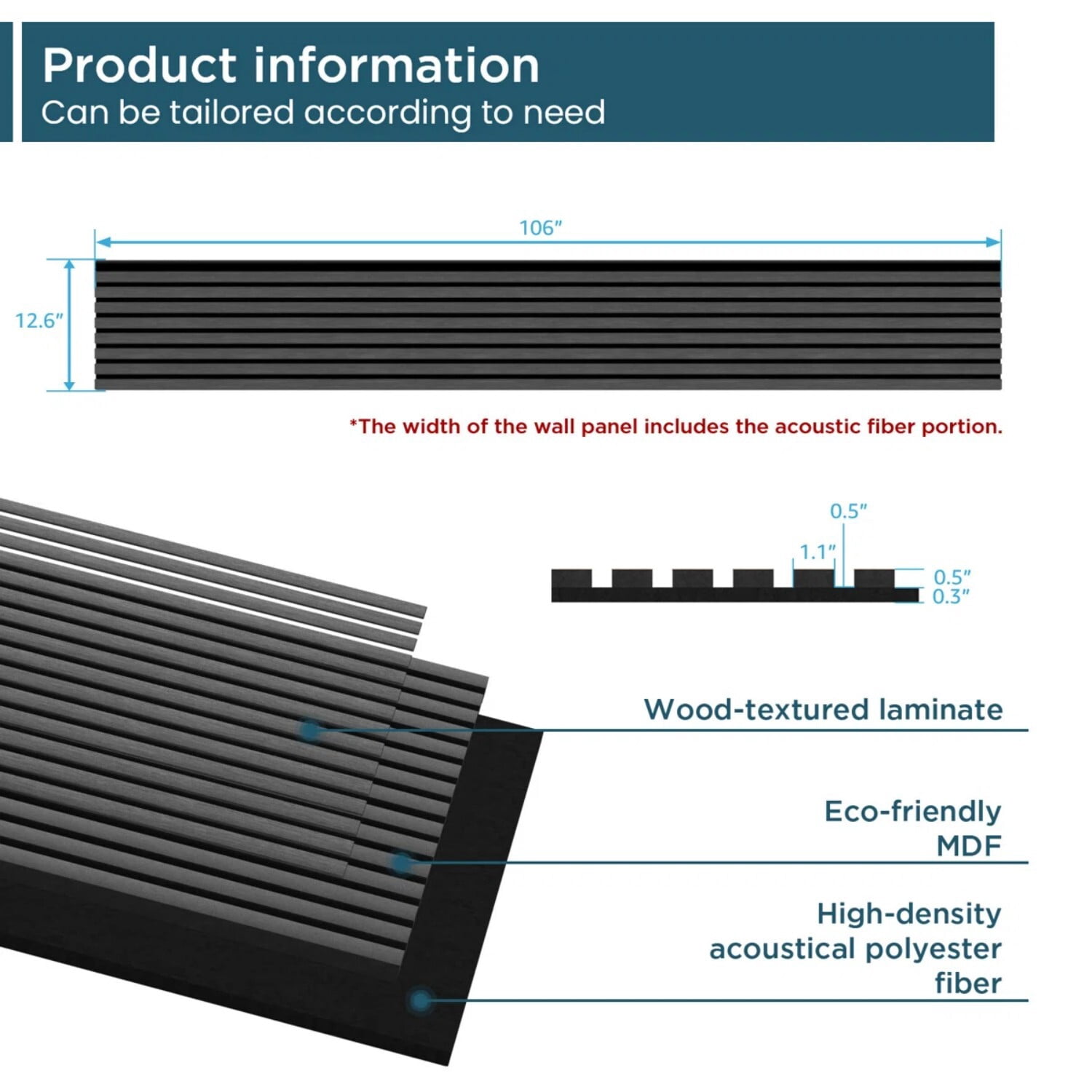 Easy4Home 4Pcs 106"x12.6" Soundproof Wood Slat Panels Acoustic Wall and Ceiling Panels, Dark Gray