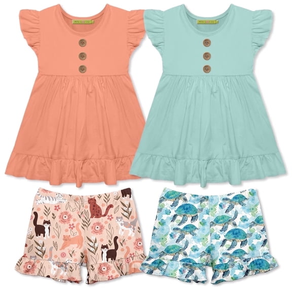 Millie Loves Lily Girls Coral and Mint Tops and Printed Ruffle Shorts Set,Girls Size 5, 4-PCS