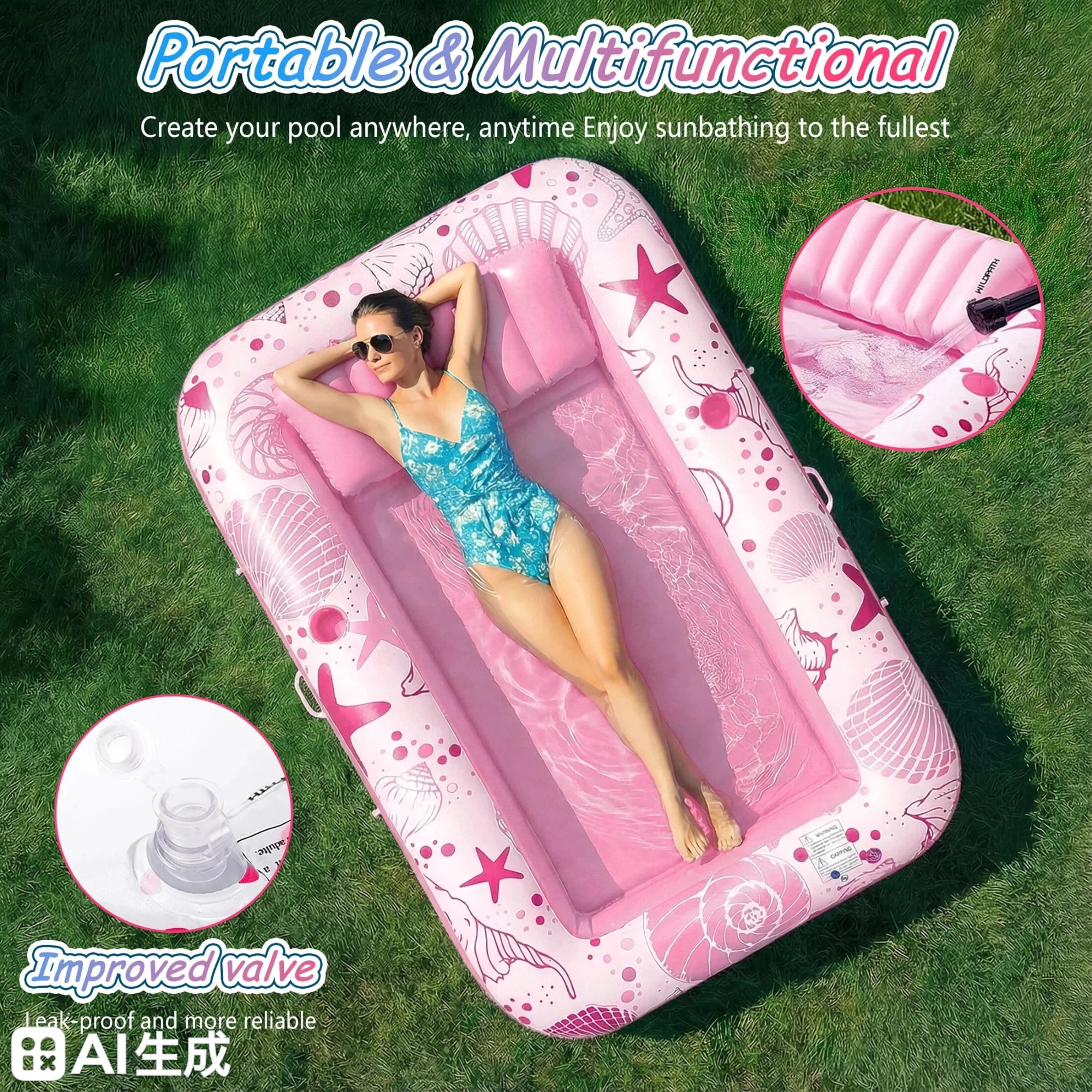 Teblint Inflatable Tanning Pool Rafts for Adults, 70" x 46" Pool Floats with Pillow, 4-in-1 Suntan Tub Raft Floatie, Sunbathing Bed Lounge for Water Backyard, Blow up Kids' Ball Pit, Pink