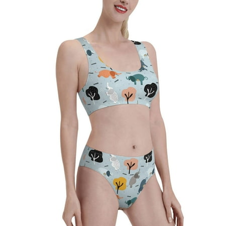 Uemuo Elephant Tree Printed Women s High Waisted Bikini Sets Sporty Two Piece Swimsuits Color Block Cheeky High Cut Bathing Suits-