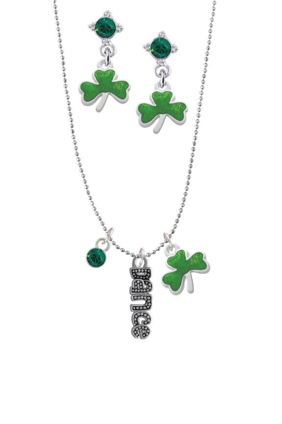 Silvertone Beaded ''Dance'' Green Shamrock Necklace and Clover Earrings Jewelry Set