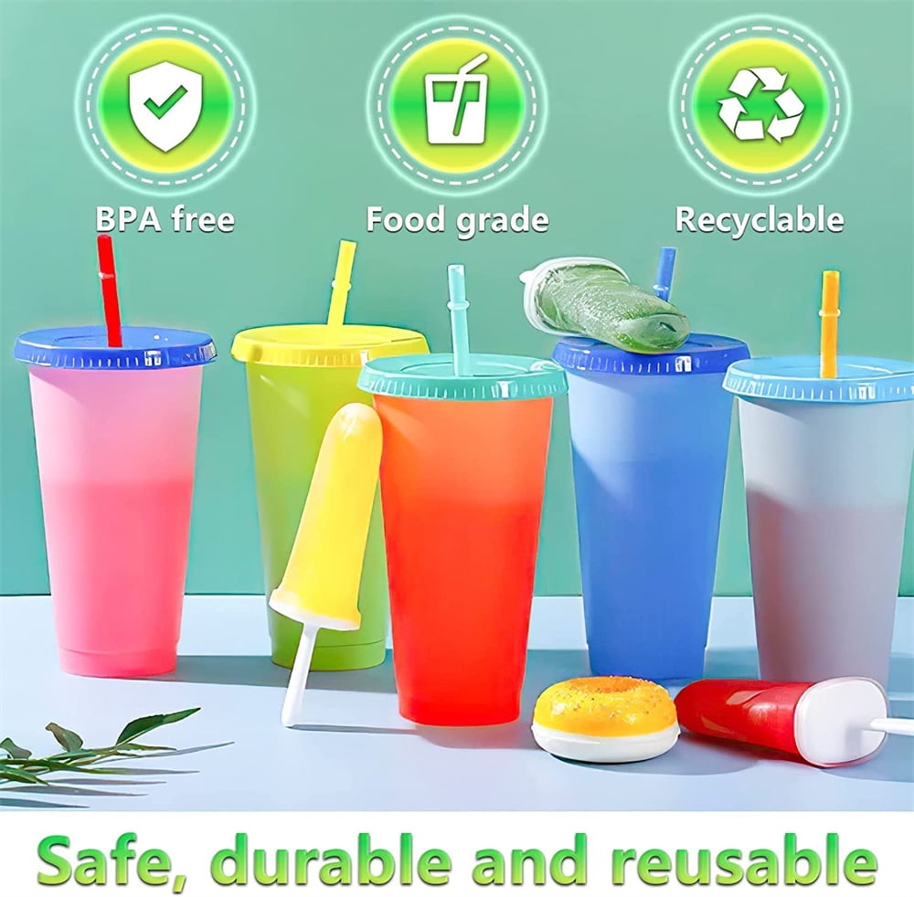 Color Changing Cups with Lids and Straws for Adults - 5 x 24oz Reusable Cups with Lids and Straws, Bulk Plastic Cups with Lids and Straws for Kids Women, Cold Iced Coffee Cups & Water Party Tumbler