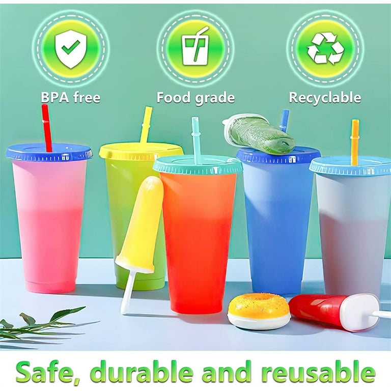 funqyware Color Changing Cups with Lids and Straws for Adults - 5 x 24oz Reusable Cups with Lids and Straws, Bulk Plastic Cups with Lid