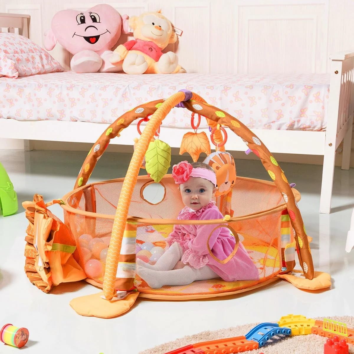 4-in-1 Baby Play Gym Mat - Infant Activity Center with Ball Pit, Tummy Time Play Mat & Safe Mesh for Ages 0-3 | Includes 4 Hanging Toys & 30 Balls | Soft, Washable, & Easy to Store