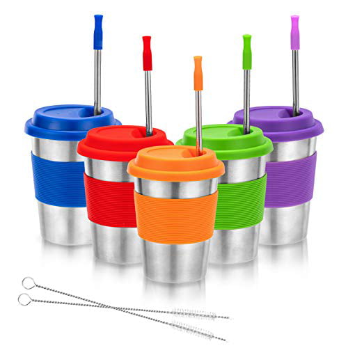 Stainless Steel Cups Sippy Cups 12oz with Silicone Sleeves Pack of 5 Lids and Straws Bpa Free Premium Metal Drinking Glasses 
