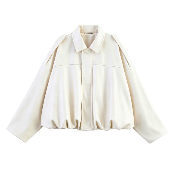 Edvintorg Jackets for Women Drop Shoulder Cropped Leather Jacket Gathered Hem Oversized Batwing Sleeve Zip up Short Coat with Pocket Women Clothing S-L White