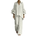 thumbnail image 2 of Usloyux Women's Plus Size 2 Piece Outfits V Neck Ruffle Sleeve Top and Wide Leg Pants Matching Lounge Set Casual Boho Vacation Tracksuit, White 3XL, 2 of 5