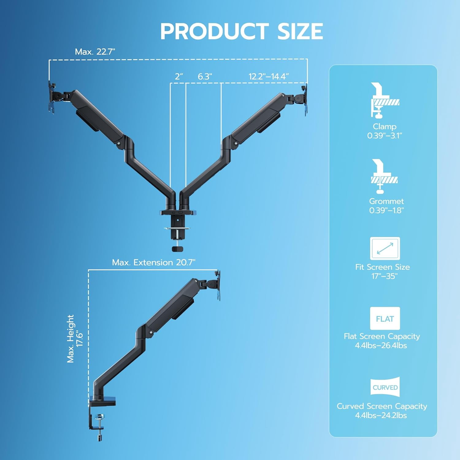 Dual Monitor Mount Heavy Duty Arms for 17-35 Inch Ultrawide Screen Fully Adjustable Desk Stand VESA 75x75 100x100mm Black