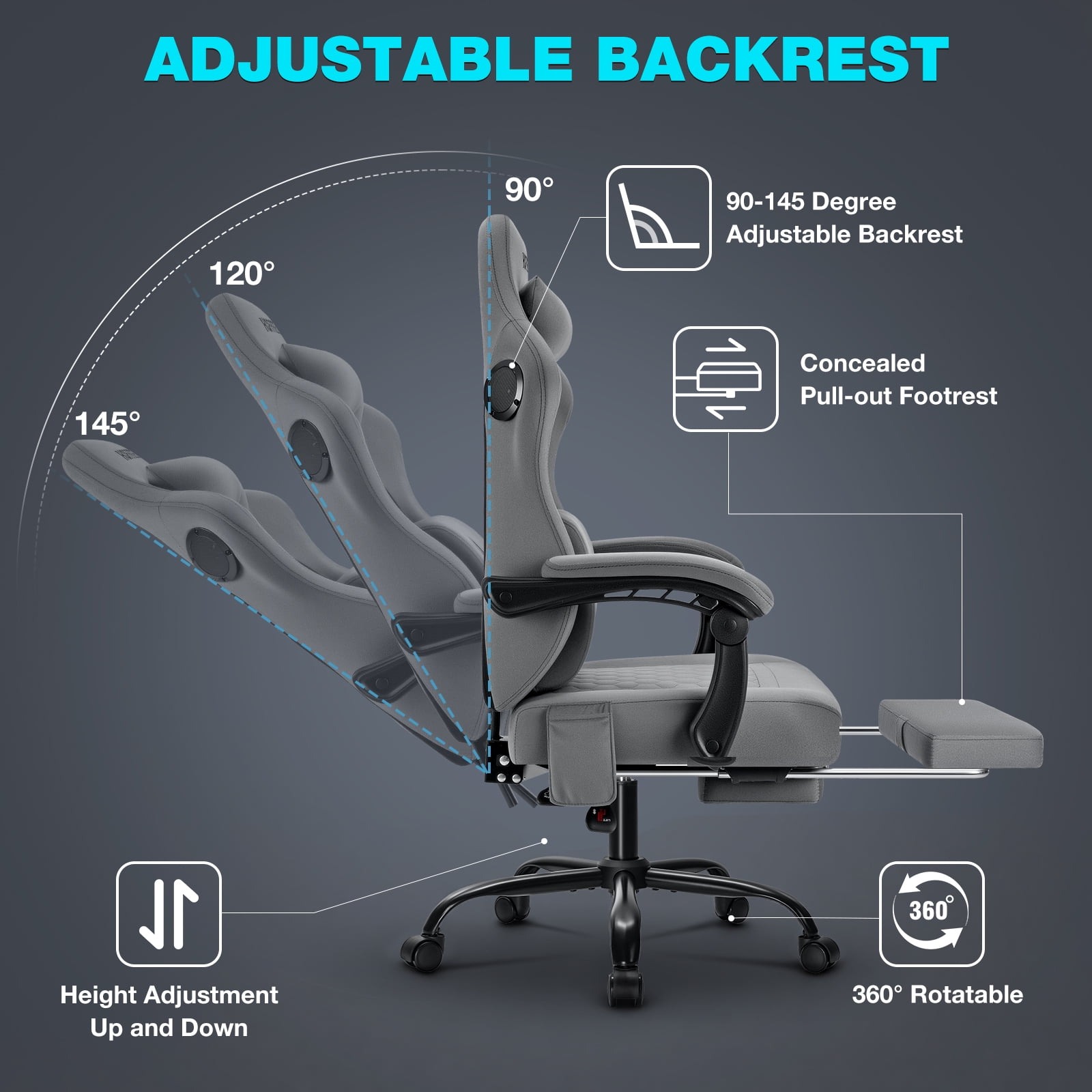 Hoffree Gaming Chair with Speakers and Massage Skin-friendly Gamer Chairs for Adults with Footrest Big and Tall Video Game Chair with Headrest and Lumbar Support for Office and Home Dark Grey