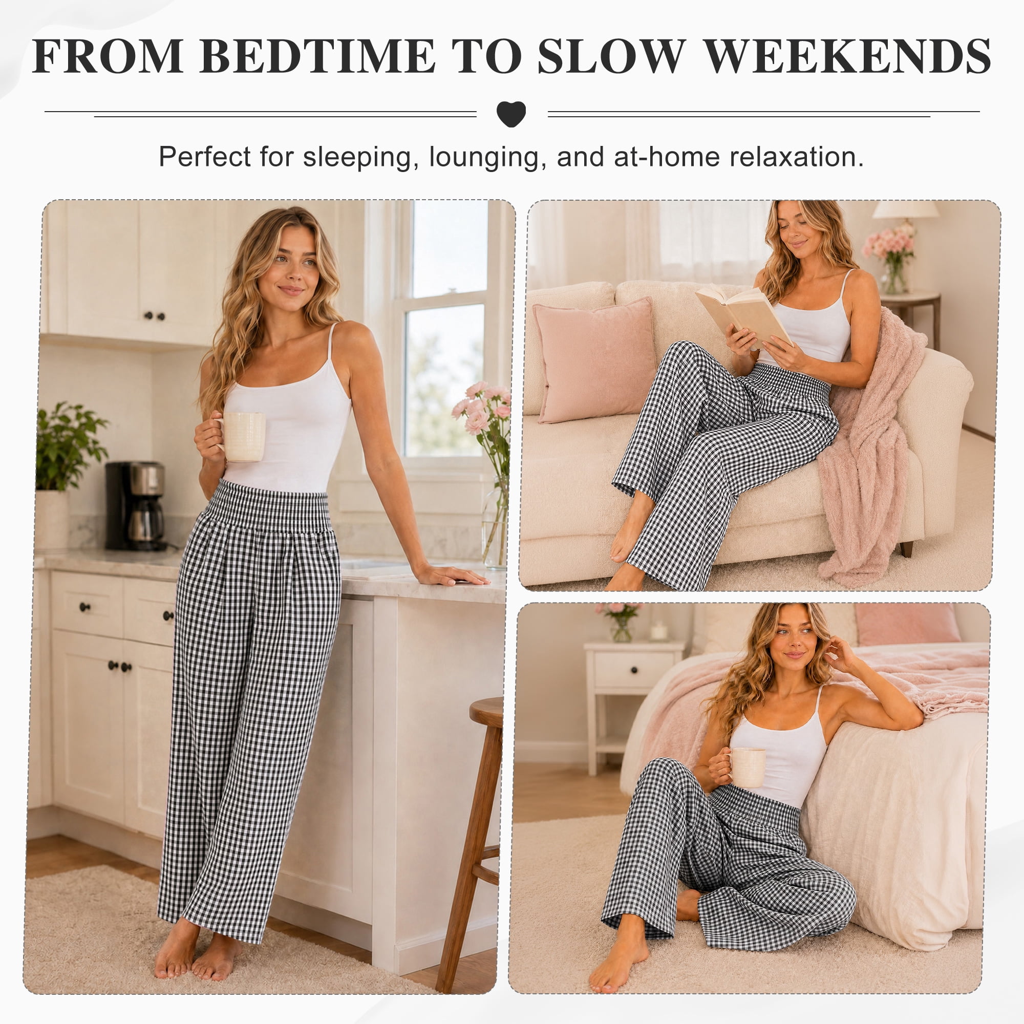 DAKIMOE Pajama Pants Women Palazzo Pants High Waisted Gingham Stripe Lounge Pants Wide Leg PJ Bottoms for Women Valentine's Day