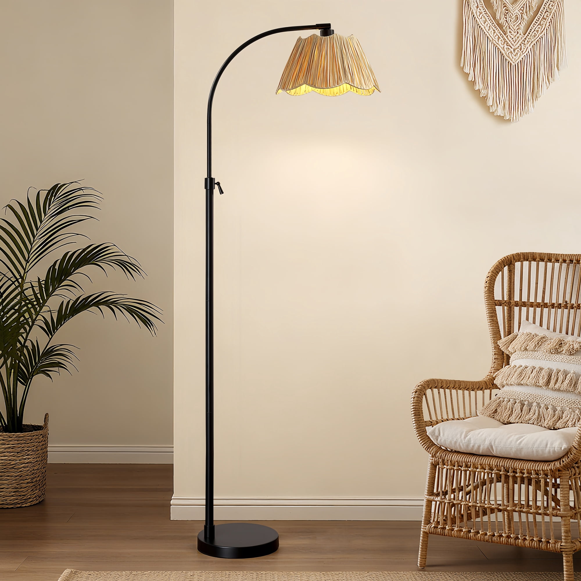 RORIA Adjustable Arc Floor Lamp with Paper-Woven Shade, Black Metal Standing Lamp with Foot Switch, 54-64” Height Adjustable, for Living Room Bedroom Office.