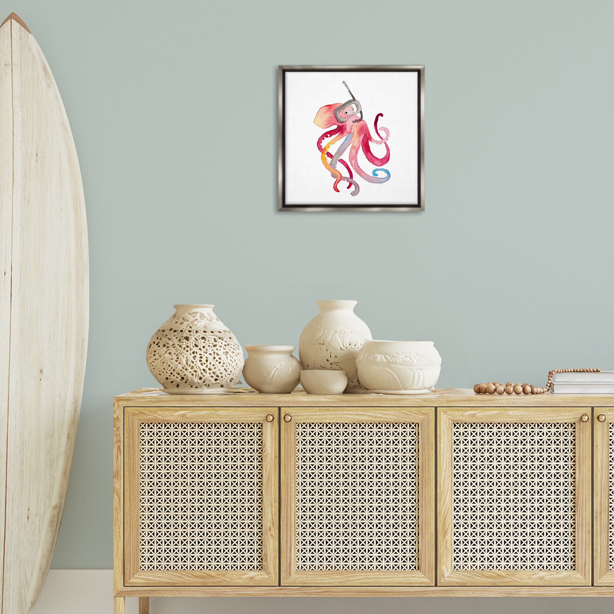 Stupell Industries Snorkel Mask Octopus Novelty Painting Gray Floater Framed Canvas Art Print Wall Art, 18 x 18
