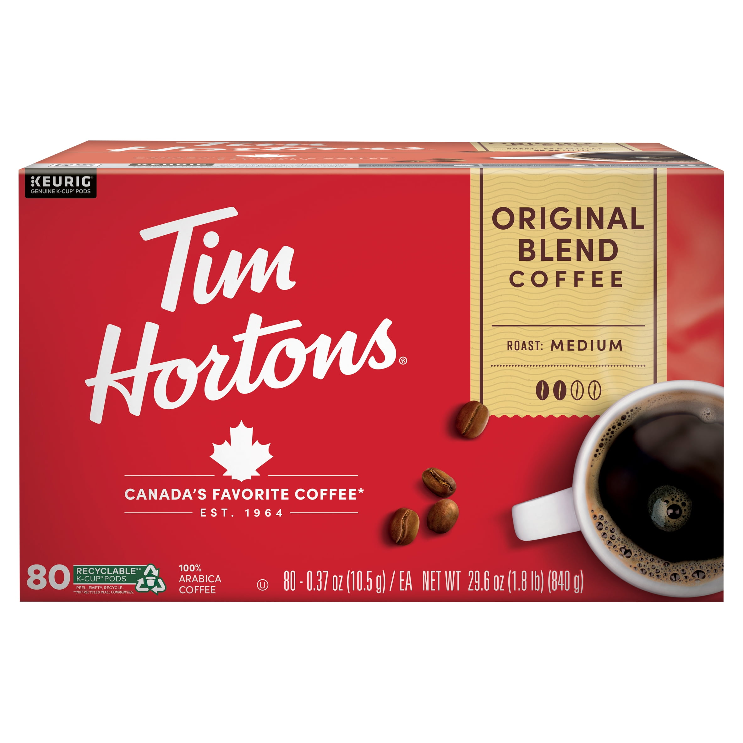 Tim Hortons Original Blend KCup Coffee Pods, Medium Roast, Recyclable