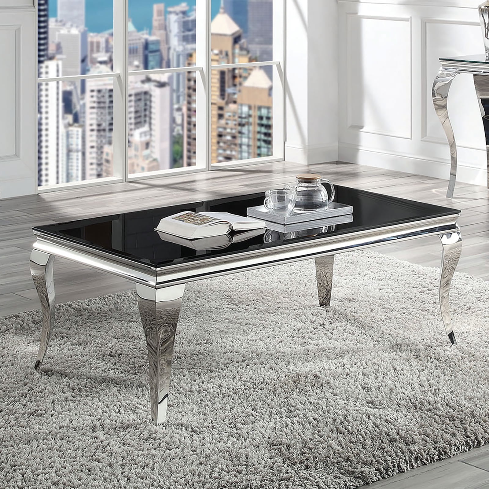 Coffee Table, Rectangular Black Beveled Tempered Glass Top with Silver Stainless Steel Cabriole-Style Legs, Contemporary Glam Living Room Center Table, 51"L x 27.5"W x 18"H