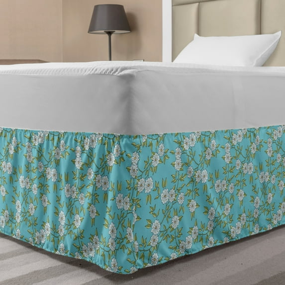 Floral Bed Skirt, Spring Time Flourishing Elements, Elastic Bedskirt Dust Ruffle Wrap Around for Bedding Decor, 4 Sizes, Sky Blue Lime Green, by Ambesonne