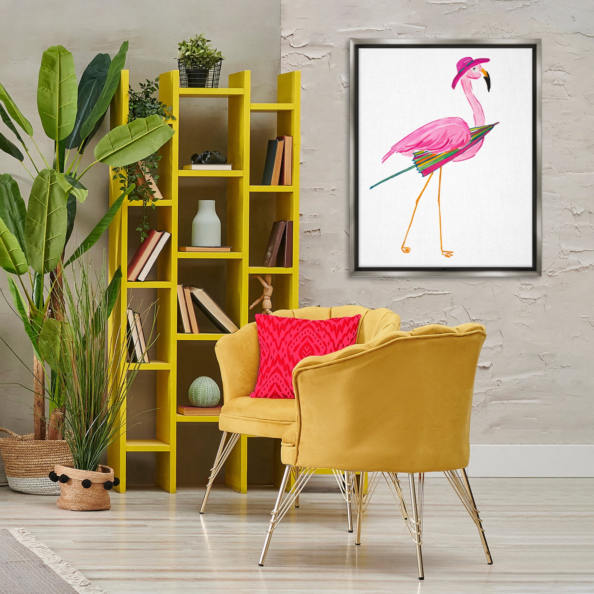 Stupell Industries Flamingo with Beach Umbrella Animals & Insects Painting Gray Floater Framed Canvas Art Print Wall Art, 25 x 31