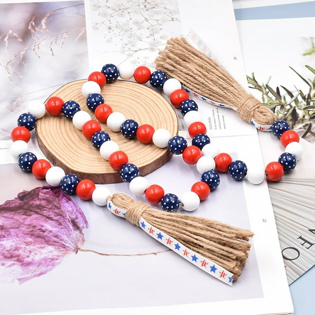 Decoraciones para el Día de los Caídos, decoraciones para el 4 de julio, guirnalda de flores con cuentas de madera y borlas de cuerda suave para el Día de la Independencia, colgante decorativo para el